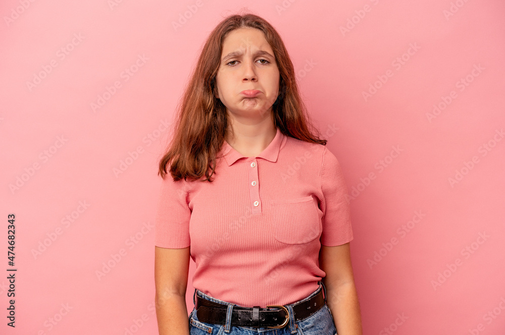 Little caucasian girl isolated on pink background sad, serious face, feeling miserable and displeased. Little caucasian girl isolated on pink background sad, serious face, feeling miserable and displeased.