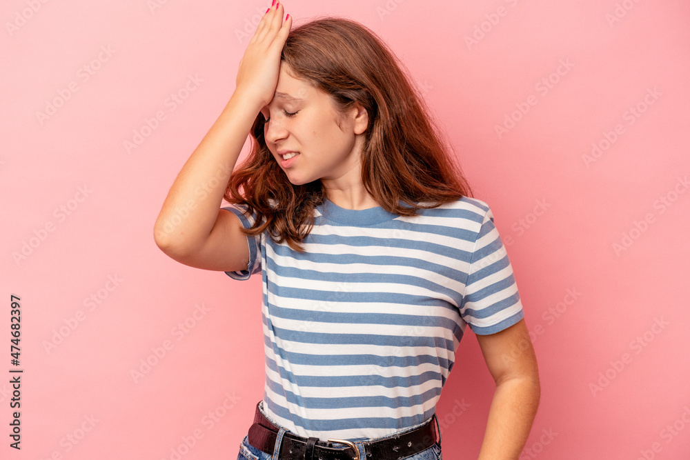 Little caucasian girl isolated on pink background forgetting something, slapping forehead with palm and closing eyes. Little caucasian girl isolated on pink background forgetting something, slapping forehead with palm and closing eyes.
