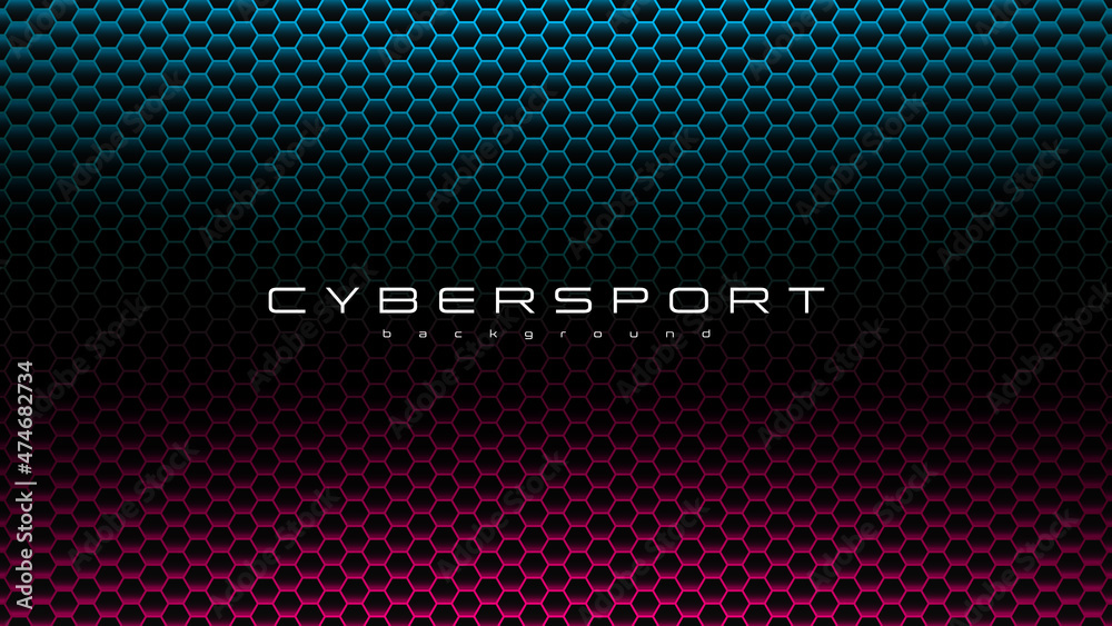 CYBERSPORT abstract background with neon colors and pattern of hexagons. Vivid gradient banner with geometric pattern. Esports concept. Design for gaming and cyber sports events.