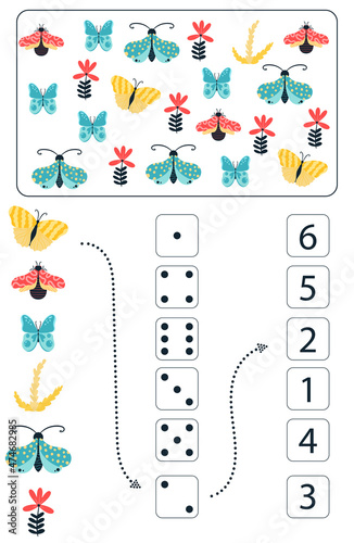 Math educational game for kids. Math worksheet for children with colorful insects, butterflies, beetles, flowers. Vector, cartoon style.