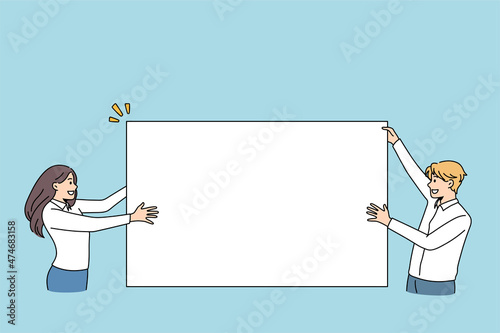 Copy space and blank concept. Smiling woman and man standing holding huge white copy space blank sign in hands for marketing advertisement vector illustration 