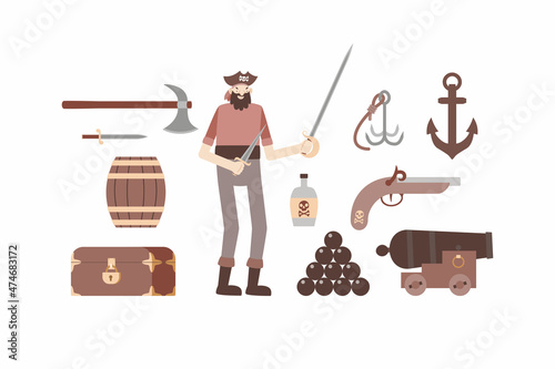 Bundle pirate. A thin corsair with a saber and a dagger in his hands, a barrel, an anchor, a bottle of rum, a chest and pirate weapons. Vector illustration in flat style, isolated on a white