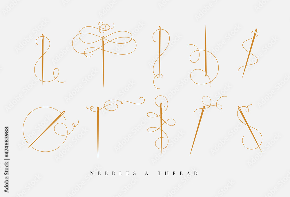 Needles and thread for sewing collection drawn with swirls element in baroque style in beige color