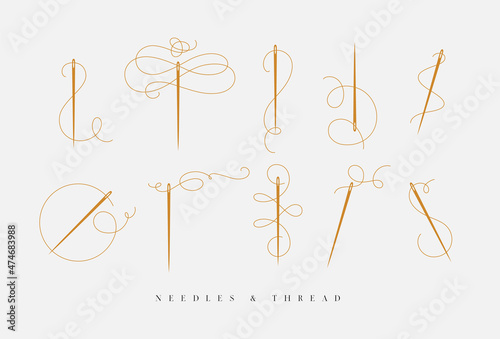 Obraz na płótnie Needles and thread for sewing collection drawn with swirls element in baroque style in beige color w salonie