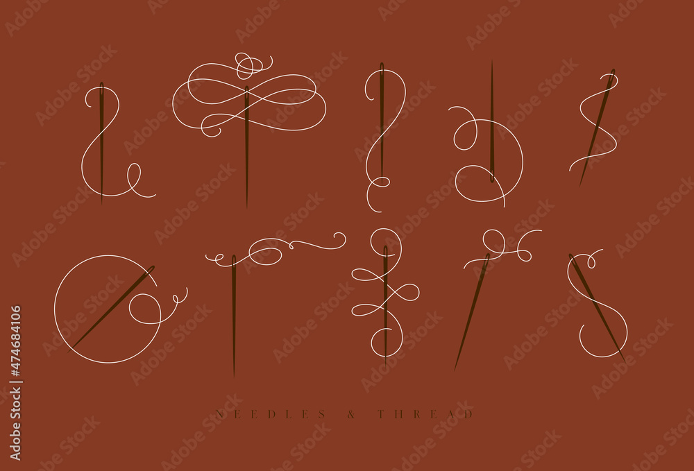 Needles and thread for sewing collection drawn with swirls element in baroque style terracotta color