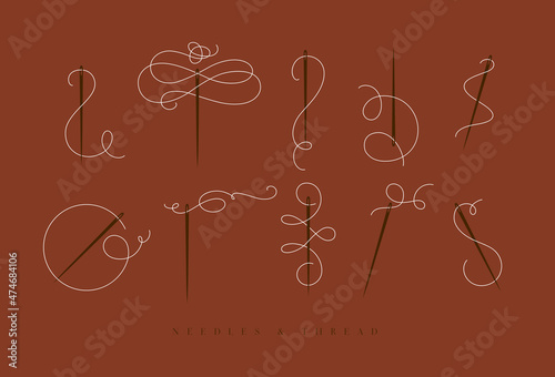 Obraz na płótnie Needles and thread for sewing collection drawn with swirls element in baroque style terracotta color w salonie