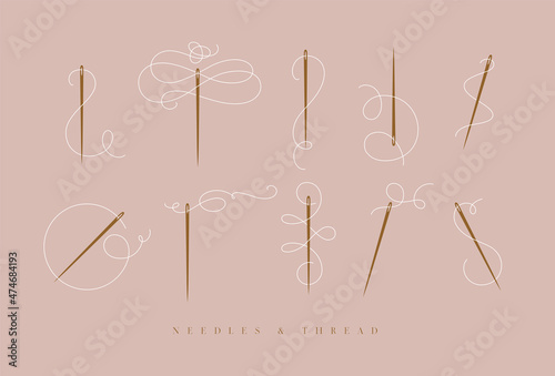 Needles and thread for sewing collection drawn with swirls element in baroque style in peach color