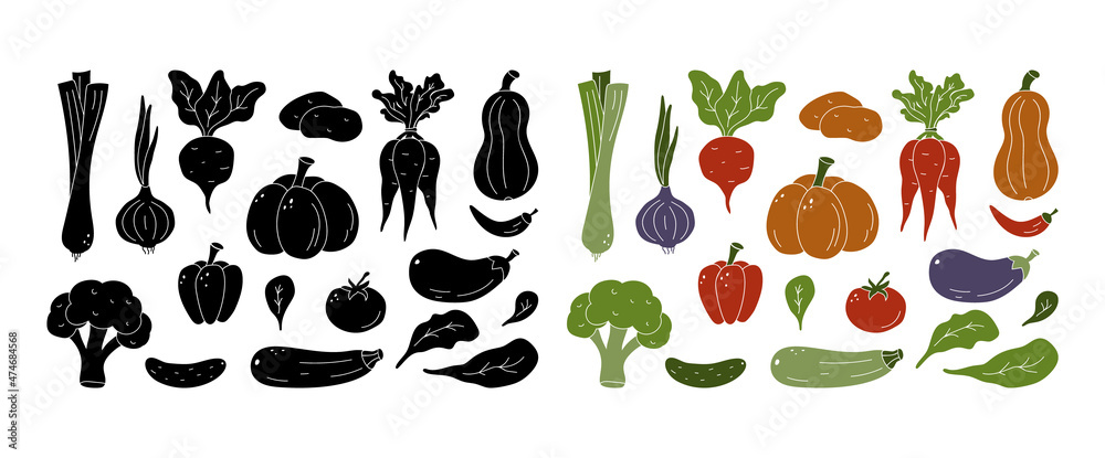 Vegetables set. Color and black silhouette elements on white background ...