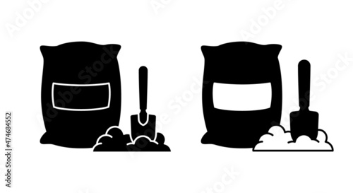 Silhouette bag and pile with stuck shovel. Textile packing of flour, cement, grain, soil, fertilizer. Black vector icon. Contour isolated pictogram on white background