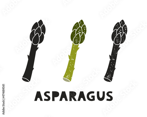 Asparagus pod, silhouette icons set with lettering. Imitation of stamp, print with scuffs. Simple black shape and color vector illustration. Hand drawn isolated elements on white background
