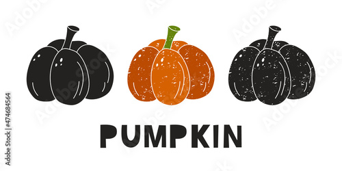 Pumpkin, silhouette icons set with lettering. Imitation of stamp, print with scuffs. Simple black shape and color vector illustration. Hand drawn isolated elements on white background