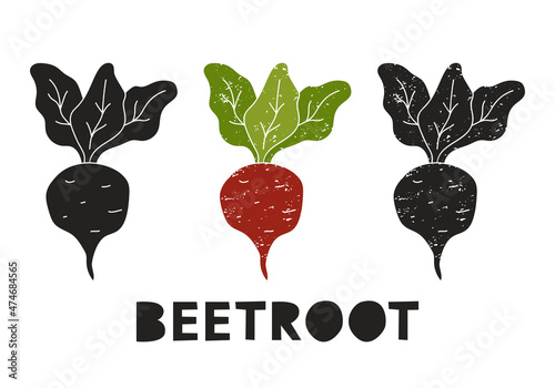 Beetroot, silhouette icons set with lettering. Imitation of stamp, print with scuffs. Simple black shape and color vector illustration. Hand drawn isolated elements on white background