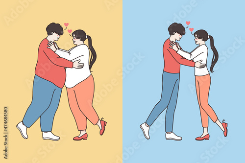 Young couple in love before and after diet. Happy man and woman hug lose weight do sports follow healthy lifestyle together. Wellness and nutrition concept. Vector illustration, cartoon character. 