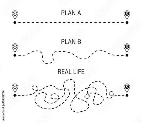 Time is money. The concept of achieving the goal.Three options for the path. The easy way, the middle way, and the hard way. Vector illustration isolated on white background.