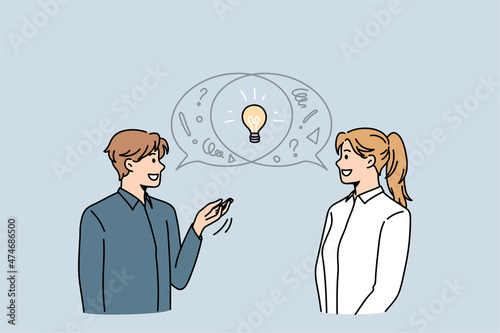 Teamwork, collaborating and ideas concept. Smiling man and woman colleagues standing generating ideas discussing business together vector illustration 