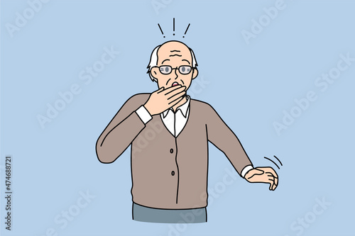 Getting virus and coughing concept. Mature elderly aged man standing covering mouth with hand coughing or getting surprised vector illustration 