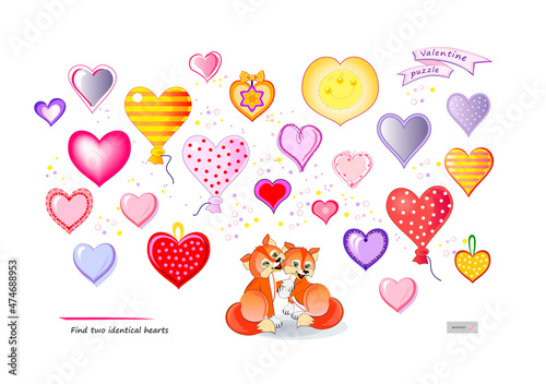 Logic puzzle game for children and adults. Find two identical hearts. Memory exercises for seniors. Page for kids brain teaser book. Developing spatial thinking. IQ test. Play online. Vector image.
