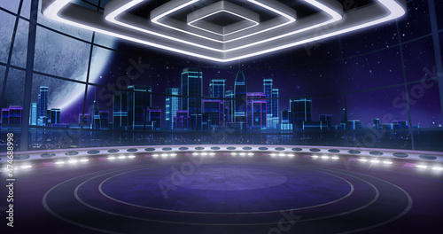 Futuristic  virtual TV show background  ideal for fantasy concept tv shows  or technology launch events. 3D rendering backdrop suitable on VR tracking system stage sets  with green screen