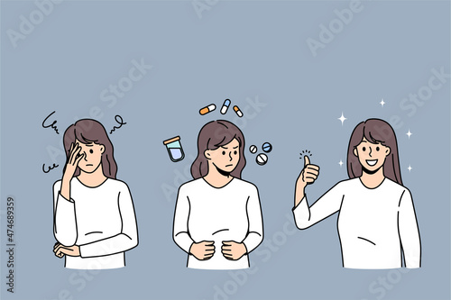 Healthcare and taking medicine concept. Young girl having headache standing then taking some pills with water and then feeling healthy and positive vector illustration 