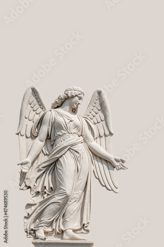 Cover page with a beautiful angel as a bas relief wall sculpture, details, closeup, with copy space solid background. Concept of Religion and Religious Architecture.