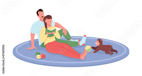 Parents with baby at home semi flat color vector characters. Interacting figures. Full body people on white. Daily life isolated modern cartoon style illustration for graphic design and animation