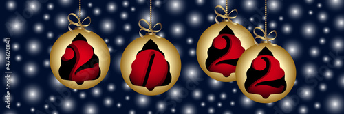 2022 - Bannière 3D composée de 4 boules de Noël or avec à l’intérieur un chiffre rouge de la nouvelle année - fond bleu nuit étoilé.