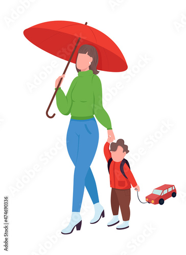 Mom with kid on rain walk semi flat color vector characters. Dynamic figures. Full body people on white. Autumn isolated modern cartoon style illustration for graphic design and animation