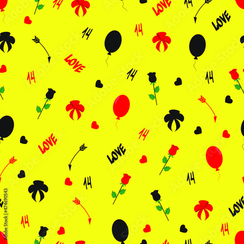 Seamless vector pattern. Balloons, arrow, bow, rose, lettering Love, number 14. Abstract, unique background for Valentine's Day, on a yellow isolated background. 