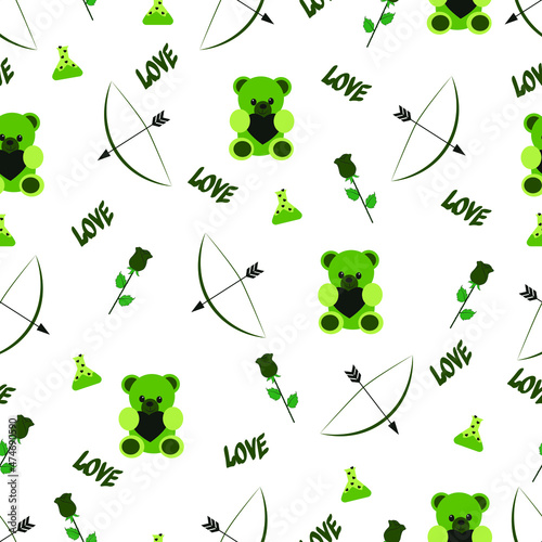 Seamless vector pattern. Bears, arrow with bow, rose, magic bottle, lettering love in green for Valentine's Day, on a white isolated background. 