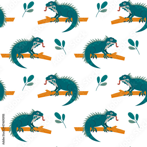 Seamless pattern with cartoon iguana sitting on a branch.