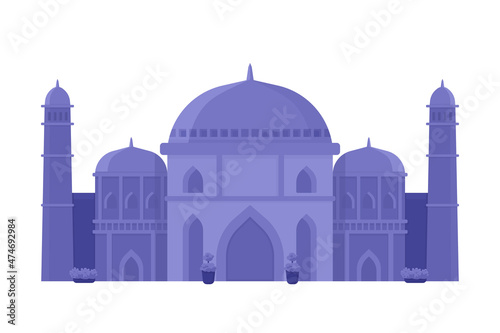Blue monochromatic mosque semi flat color vector object. Religious building. Realistic item on white. Indian architecture isolated modern cartoon style illustration for graphic design and animation