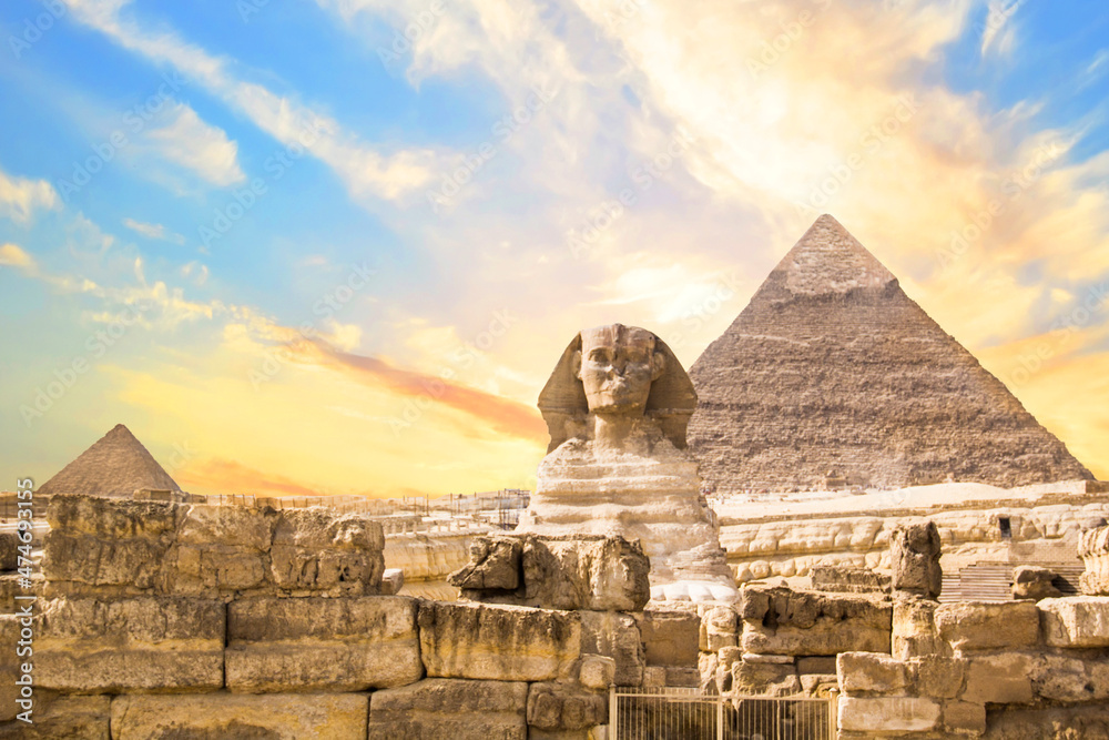 Great Sphinx against the background of the pyramids of the pharaohs Cheops, Khafren, and Mikerin in Giza, Egypt Great Sphinx against the background of the pyramids of the pharaohs Cheops, Khafren, and Mikerin in Giza, Egypt