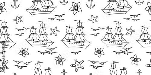 Seamless pattern with sailship  anchor  and flowers. Cute Marine pattern for fabric  baby clothes  background  textile  wrapping paper  and other decoration. Vector illustration. black and white.