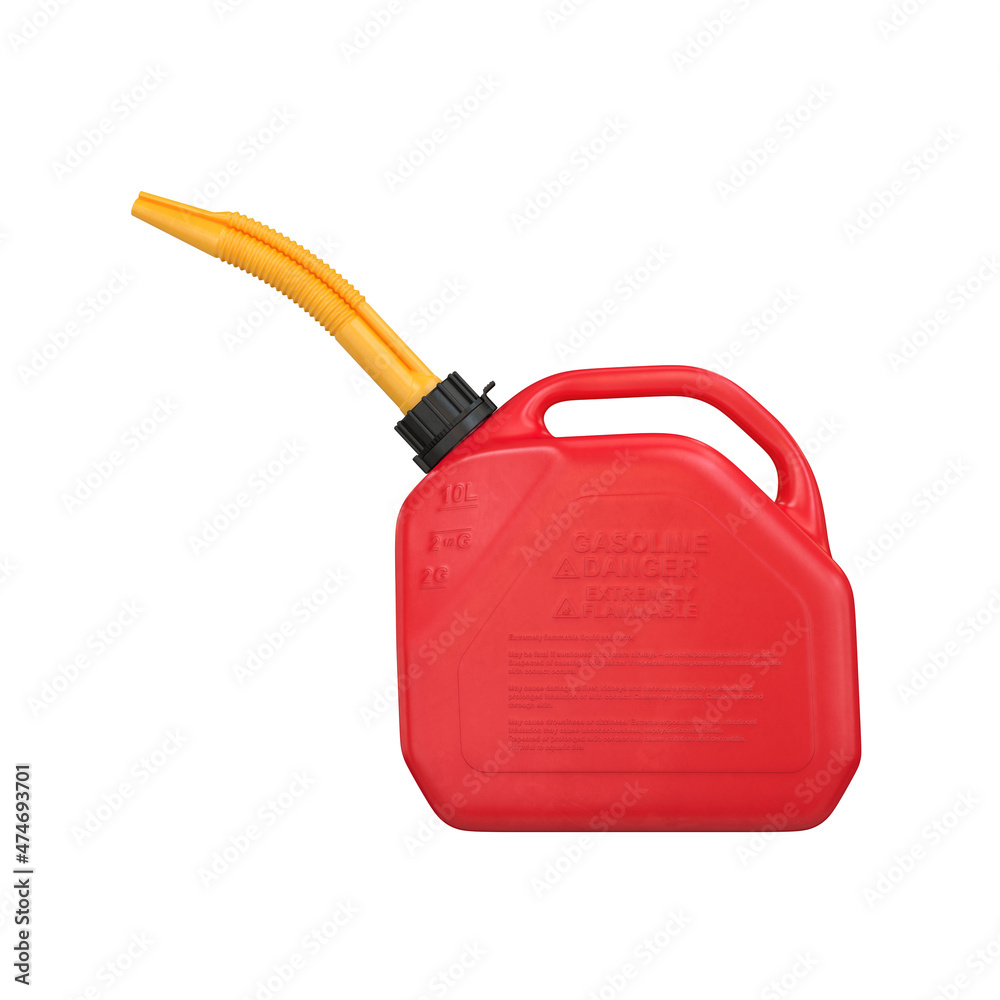 Gas can side view in red on a white background, 3d render