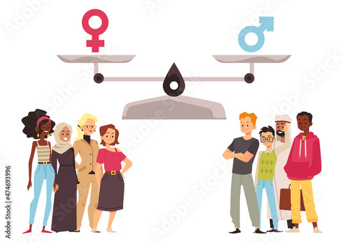 Gender equality with men and women under scale on equal height, flat vector illustration isolated on white.
