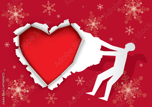 Christmas greeting card,heart shape.
Illustration of male silhouette tearing red paper with snowflakes and red heart. Vector available.