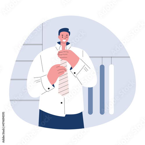 The man gets dressed in the morning. Vector illustration in flat style.