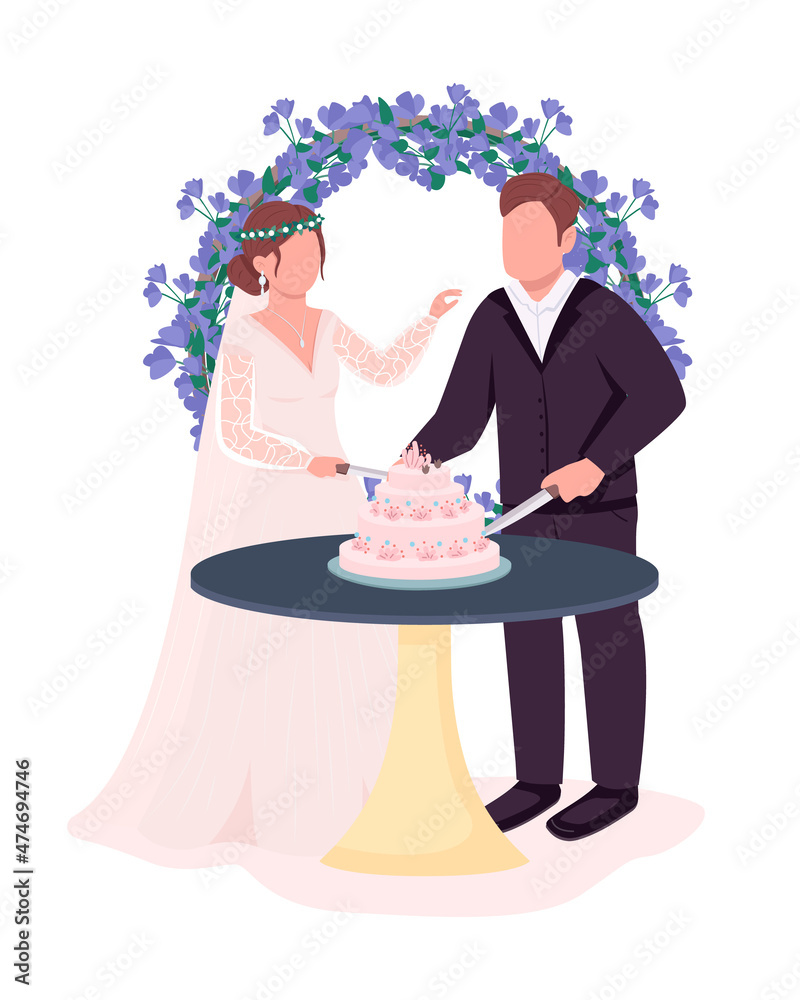 Newlyweds cut cake at reception semi flat color vector characters ...
