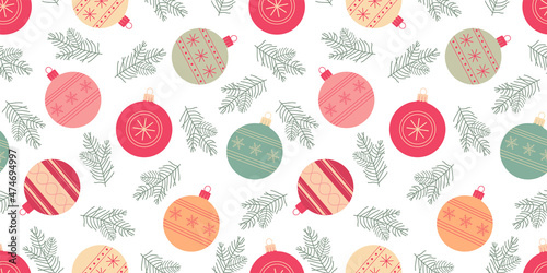 Сhristmas tree toys and Christmas tree, seamless background. Holliday design for gift wrapping paper, fabric, clothes, textile, wallpaper.