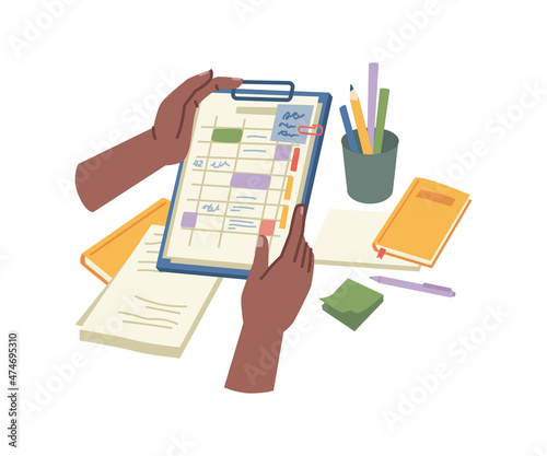 Planner or organizer for workflow organization and management. Person with notebook, tasks and schedule with deadlines or notes. Student with personal diary or journals. Vector in flat style