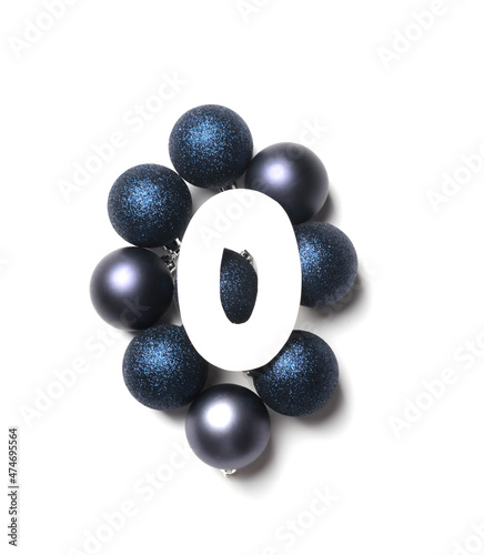 New year number 0 on blue holiday balls. White background. Copy space, new 2022 offensive concept