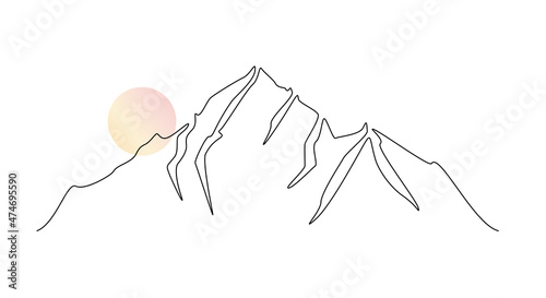 One continuous line drawing of mountain range landscape with color sun. Abstract scandinavian ridges in simple linear style. Modern panoramic sketch. Doodle vector illustration