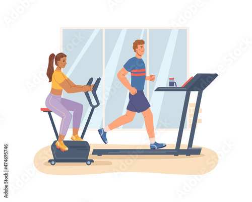 Sportive people training in gym, man and woman working out on treadmill running track and bike. Male and female keeping fit and adding endurance and strength to body shape. Vector in flat style