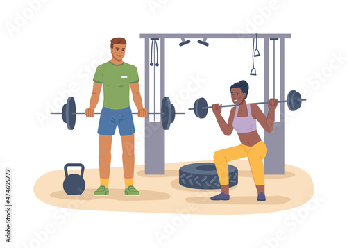 Male and female characters exercising and working out in gym, people with barbells losing weight and keeping fit. Bodybuilders and heavy lifters, athletes and sportsmen training. Vector in flat style