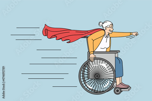 Active lifestyle of disabled mature person concept. Smiling happy grey haired wheelchair woman in hero cape riding forward feeling playful vector illustration 