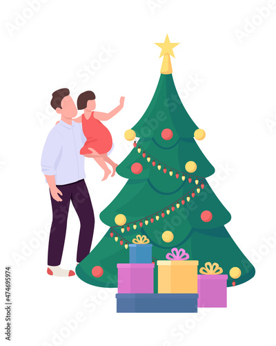 Parent hold kid near Christmas tree semi flat color vector characters. Posing figures. Full body people on white. Holiday isolated modern cartoon style illustration for graphic design and animation photo