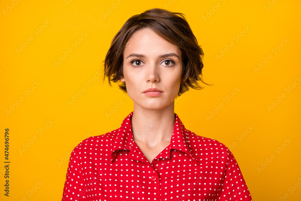 Fototapeta premium Photo of nice hairdo gorgeous young person look attentively camera isolated on yellow color background