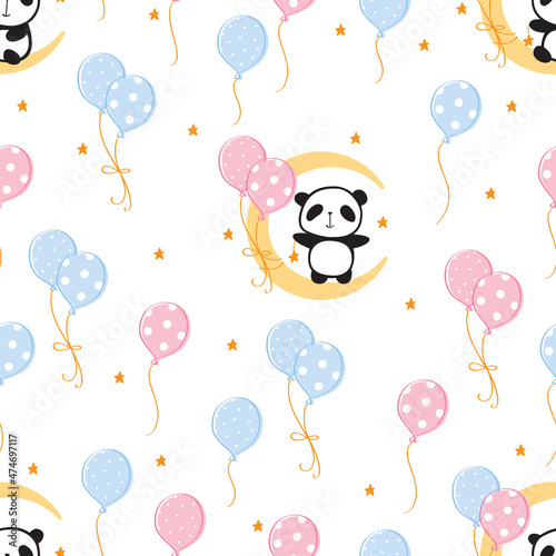 Seamless pattern with cute pandas on the moon with balloons for gift wrap, kids textile or book covers, wallpapers and scrapbook. Vector.