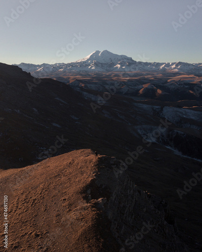 Beautiful photography of the mountain Elbrus. Autumn weather, nature travel in Russia. Sunny outdoor scenics.