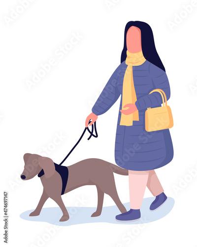 Woman walking with dog semi flat color vector character. Dynamic figure. Full body person on white. Outdoor activity isolated modern cartoon style illustration for graphic design and animation
